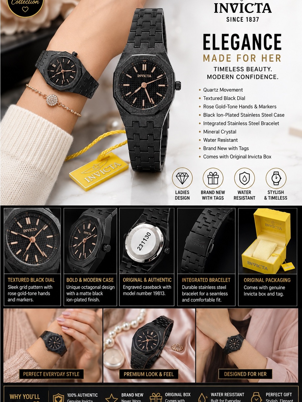 Invicta Black Stainless Steel Women's Watch with Rose Gold Accents